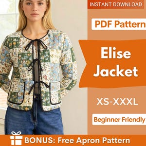 Puede incluir: Chaqueta acolchada con diseño patchwork en tonos verdes, azules y crema, con ribete negro y cierre de lazo. La imagen incluye el texto "Elise Jacket" y "XS-XXXL". El patrón es "Beginner Friendly".