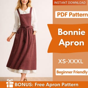Könnte beinhalten: Eine Frau trägt eine lange, rot-schwarz karierte Schürze mit Taschen über einer weißen Bluse. Die Schürze ist in der Taille gebunden. Der Text auf dem Bild lautet "Bonnie Apron", "PDF Pattern", "XS-XXXL" und "Beginner Friendly".