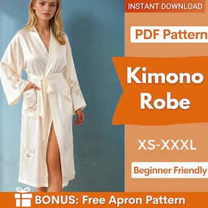 Puede incluir: Bata kimono color crema con bordados florales en las mangas y bolsillos. La bata tiene cinturón anudado y está etiquetada como un patrón PDF para descarga instantánea. El texto en la imagen dice "Kimono Robe" y "XS-XXXL".