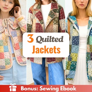 May include: Three quilted jackets are shown, each with a unique patchwork design. The jackets feature floral and geometric patterns in pastel and earthy tones. The text "3 Quilted Jackets" is displayed.