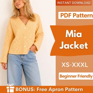 May include: A woman wearing a yellow gingham jacket with a V-neck, button closure, and front pockets, paired with blue jeans. The image includes text that says "Mia Jacket" and "XS-XXXL". The image also says "Beginner Friendly" and "BONUS: Free Apron Pattern".