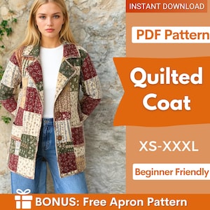 May include: A patchwork quilted coat in shades of red, green, and beige. The coat features a classic lapel collar and two front pockets. The image includes text that reads "Quilted Coat" and "XS-XXXL".