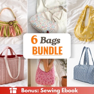 Puede incluir: Un conjunto de seis bolsos diferentes, incluyendo un tote a rayas, un bolso de hombro floral y una bolsa de lona a cuadros. Los bolsos vienen en varios colores y estilos, con un libro electrónico de costura de bonificación. El texto "6 Bags BUNDLE" se muestra.