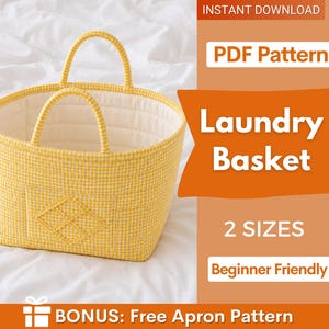 May include: A yellow and white gingham fabric laundry basket with two handles and a quilted texture. The text on the image reads: INSTANT DOWNLOAD, PDF Pattern, Laundry Basket, 2 SIZES, Beginner Friendly, BONUS: Free Apron Pattern.