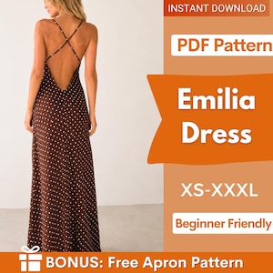 Puede incluir: Un vestido largo de color marrón con estampado de lunares blancos, espalda descubierta y tirantes finos cruzados. El texto dice: INSTANT DOWNLOAD, PDF Pattern, Emilia Dress, XS-XXXL, Beginner Friendly, BONUS: Free Apron Pattern.