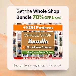 The image is an advertisement for a sewing and crafting store that offers a bundle of various patterns and resources, including a sewing book and a planner.