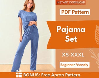 Op de afbeelding: Een blauwe geribbelde pyjamaset bestaande uit een top met korte mouwen en een bijpassende broek met een trekkoord in de taille. De afbeelding bevat de tekst: INSTANT DOWNLOAD, PDF Pattern, Pajama Set, XS-XXXL, Beginner Friendly en BONUS: Free Apron Pattern.