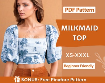 Milkmaid top pattern, XS-XXXL, Puff Sleeve Sewing PDF Pattern Blouse, Cottagecore Pattern, milkmaid blouse, Sewing pattern top, women top