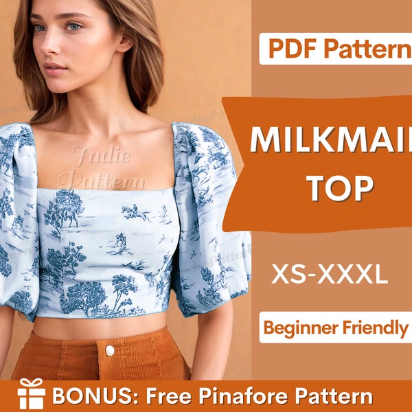 Milkmaid top pattern, XS-XXXL, Puff Sleeve Sewing PDF Pattern Blouse, Cottagecore Pattern, milkmaid blouse, Sewing pattern top, women top