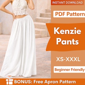 May include: A person wearing a white halter top and wide-leg trousers. The image includes text that reads "Kenzie Pants" and "PDF Pattern." The pattern is available in sizes XS-XXXL and is beginner-friendly. Bonus: Free Apron Pattern.