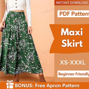 May include: A green maxi skirt with a floral print, featuring a tiered design and an elastic waistband. The text on the image reads: INSTANT DOWNLOAD, PDF Pattern, Maxi Skirt, XS-XXXL, Beginner Friendly, BONUS: Free Apron Pattern.