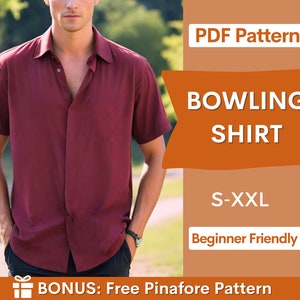 Cartamodello per camicia da bowling, cartamodello per camicia da uomo, cartamodello per cucito per uomo, cartamodello PDF per camicia da bowling, cartamodello per camicia tropicale