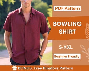 Patrón de costura camisa de bolos, patrón de camisa de hombre, patrón de costura para hombres, patrón PDF de camisa de bolos, patrón de costura de camisa tropical