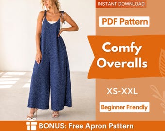 Puede incluir: Un mono azul marino con un patrón de motas blancas, con piernas anchas, escote redondo y tirantes finos que se atan. El texto en la imagen dice PDF Pattern, Comfy Overalls, XS-XXL, Beginner Friendly y BONUS: Free Apron Pattern.