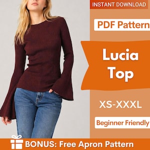 May include: A burgundy ribbed-knit top with long sleeves and flared cuffs. The model is wearing blue jeans. The image includes text that says "Lucia Top", "XS-XXXL", and "Beginner Friendly". It also says "Instant Download" and "PDF Pattern".