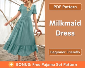 Milkmaid Dress Pattern | XS-XXXL | Dress Sewing Pattern | Cottagecore dress pattern | Prom Dress Pattern | Women Sewing Pattern | Maxi Dress