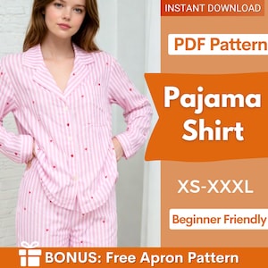 Può includere: Pigiama a righe rosa e bianche con piccoli cuori rossi. L'immagine include il testo "Pajama Shirt" e "XS-XXXL". Il modello è "Beginner Friendly" e include un modello di grembiule gratuito come bonus.