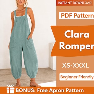 Pode incluir: Um romper verde-sálvia com alças largas e dois bolsos frontais. O texto à direita diz: INSTANT DOWNLOAD, PDF Pattern, Clara Romper, XS-XXXL, Beginner Friendly, e BONUS: Free Apron Pattern.