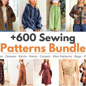 Op de afbeelding: Een digitale collectie getiteld +600 Sewing Patterns Bundle met diverse kledingstukken, waaronder een bruin fleecejack, een blauwe hoodie, een groene geruite broek, een doorgestikt jack, een broek met ruitpatroon, een bruine tuinbroek, een rode trenchcoat, een korset en een geruite blazer.