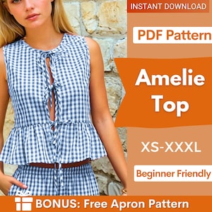 Front Tie Top Sewing Pattern | Women Sewing Pattern | Blouse Pattern | Top Pattern | Sewing Patterns for Beginner Top | Peplum Top, Tank Top