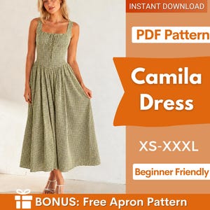 Può includere: Un abito midi a quadretti vichy verdi e bianchi con scollo quadrato, corpetto in stile corsetto e gonna ampia. Il testo recita: INSTANT DOWNLOAD, PDF Pattern, Camila Dress, XS-XXXL, Beginner Friendly, BONUS: Free Apron Pattern.