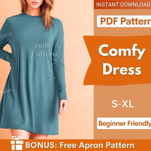 Jurk pdf naaipatroon voor vrouwen, eenvoudig patroon voor beginners, jurk met lange mouwen, oversized T-shirtpatroon, losse jurk, losse T-shirt pdf