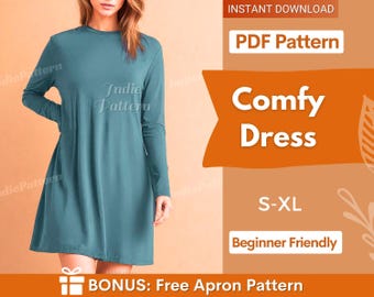 Dress PDF Sewing Pattern for Women, Easy Pattern for Beginners, Long Sleeved Dress, Oversized TShirt pattern, Loose Dress, Loose TShirt PDF
