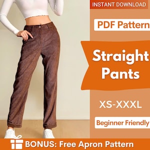 Patrón de costura para pantalones / Patrón de pantalones / Patrón de pantalones para mujer / Patrón de pantalones de pierna recta / Patrón de costura para pantalones de cintura alta para mujer