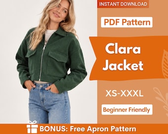Clara Jacket Sewin Pattern, Zip Up Jacket Pattern, Women Jacket Sewing Pattern, Crop Jacket, Short Jacket, Women Pattern Zipper Jacket