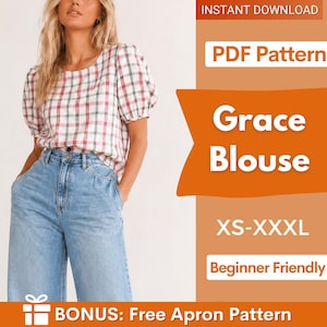 Puede incluir: Una blusa blanca con estampado de cuadros rojos y verdes, mangas cortas abullonadas y cuello redondo, combinada con vaqueros azul claro. El texto dice: INSTANT DOWNLOAD, PDF Pattern, Grace Blouse, XS-XXXL, Beginner Friendly, BONUS: Free Apron Pattern.