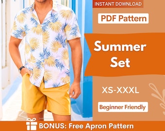 Hawaiian Shirt + Shorts Sewing Pattern, Men Short's Pattern, Men Swimwear Pattern, Aloha Shirt Pattern Men, Shirt Pattern Men Shorts Pattern