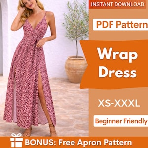 Puede incluir: Un vestido envolvente rojo con un estampado de lunares blancos, con escote en V y aberturas altas. La imagen incluye el texto "Wrap Dress", "XS-XXXL" y "Beginner Friendly". La imagen también dice "BONUS: Free Apron Pattern".