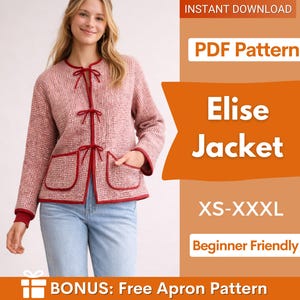 Puede incluir: Una chaqueta estampada en rojo y blanco con ribetes y lazos rojos. La chaqueta tiene dos bolsillos y está etiquetada como "Elise Jacket" con tallas XS-XXXL. La imagen también indica "Beginner Friendly" y "PDF Pattern".