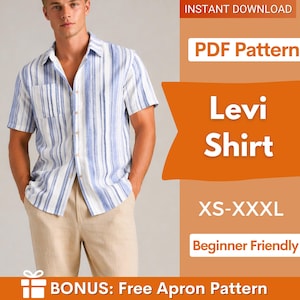 以下が含まれることがあります： 青と白のストライプの半袖シャツ。画像には「Levi Shirt」、「XS-XXXL」、「Beginner Friendly」という文字が含まれています。 PDFパターンです。