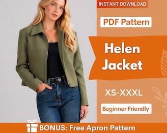 Jacket Pattern for Women, Zip Up Jacket Pattern, Women Jacket Sewing Pattern, Crop Jacket, Short Jacket, Women Sewing Pattern Zipper Jacket