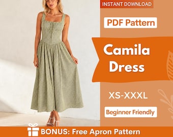 Könnte beinhalten: Ein wadenlanges Kleid mit grün-weißem Vichy-Muster, quadratischem Ausschnitt, breiten Trägern und einem figurbetonten Oberteil mit zentraler Knopfleiste. Der Text lautet: INSTANT DOWNLOAD, PDF Pattern, Camila Dress, XS-XXXL, Beginner Friendly, BONUS: Free Apron Pattern.