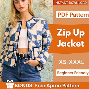 Könnte beinhalten: Gesteppte Reißverschlussjacke mit geometrischem Muster in Blau und Creme. Die Jacke hat einen runden Kragen, Taschen und eine schwarze Paspelierung. Der Text im Bild lautet: "PDF Pattern", "Zip Up Jacket", "XS-XXXL" und "Beginner Friendly".