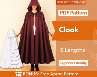 Cloak Sewing Pattern with 9 Lengths, Cape Pattern, Elven Cape, Magical Gown, Medieval Dress, Hooded Cloak, Cape with Hood Pattern, Long Cape