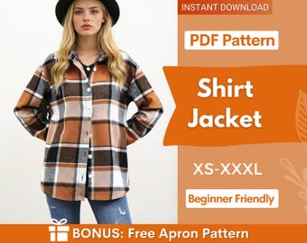 Pode incluir: Uma jaqueta tipo camisa de manga comprida com um padrão xadrez em castanho, preto e branco. A imagem inclui o texto: INSTANT DOWNLOAD, PDF Pattern, Shirt Jacket, XS-XXXL, Beginner Friendly e BONUS: Free Apron Pattern.