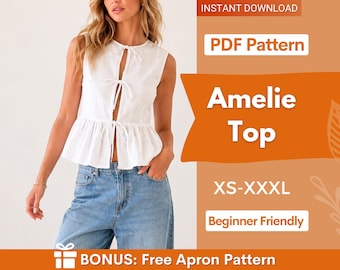 Amelie Top Sewing Pattern | Women Sewing Pattern | Blouse Pattern | Front Tie Top Pattern | Sewing Patterns for Beginner Top | Peplum Top