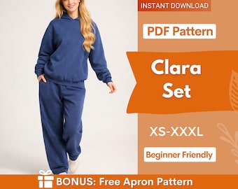 May include: A navy blue hoodie and matching sweatpants set. The image includes text: INSTANT DOWNLOAD, PDF Pattern, Clara Set, XS-XXXL, Beginner Friendly, and BONUS: Free Apron Pattern. The clothing features a hood and long sleeves.