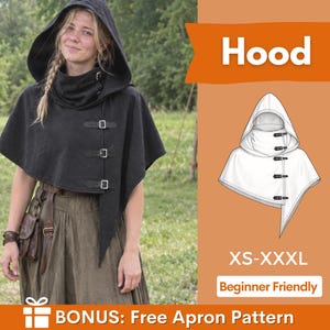 Pode incluir: Uma capa preta com capuz, gola alta e três fechos de fivela prateados na lateral. A peça inclui uma ilustração técnica de linhas com a etiqueta Hood, tamanhos XS-XXXL e o texto BONUS: Free Apron Pattern.