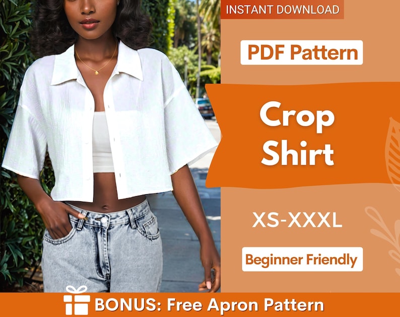 Patrón de costura para camisa corta, patrón de camisa para mujer, patrón de camisa corta, patrón de costura, patrón de costura para mujer, patrón de camisa, costura para principiantes imagen 1