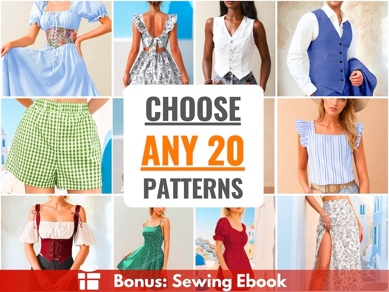 Sewing Patterns Bundle | Choose Any 20 Patterns! Women Sewing Patterns, Men Patterns, Beginner Sewing Patterns, Dress Pattern, Skirt Pattern image 1