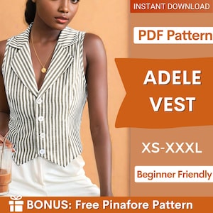 Puede incluir: Un chaleco sin mangas con un patrón de rayas verticales blancas y verde oscuro, cuello de solapa y cierre frontal de botones. El texto en la imagen dice: INSTANT DOWNLOAD, PDF Pattern, ADELE VEST, XS-XXXL, Beginner Friendly, BONUS: Free Pinafore Pattern.