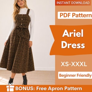 Puede incluir: Un vestido tipo pichi a cuadros marrones con escote cuadrado, cierre frontal de botones y cinturón de lazo a juego. El texto en la imagen dice: INSTANT DOWNLOAD, PDF Pattern, Ariel Dress, XS-XXXL, Beginner Friendly, BONUS: Free Apron Pattern.