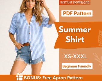Summer Shirt Sewing Pattern, Shirt Pattern, Short Sleeve Shirt Pattern, Sewing Pattern, Women Sewing pattern, Beginner Sewing Pattern Blouse