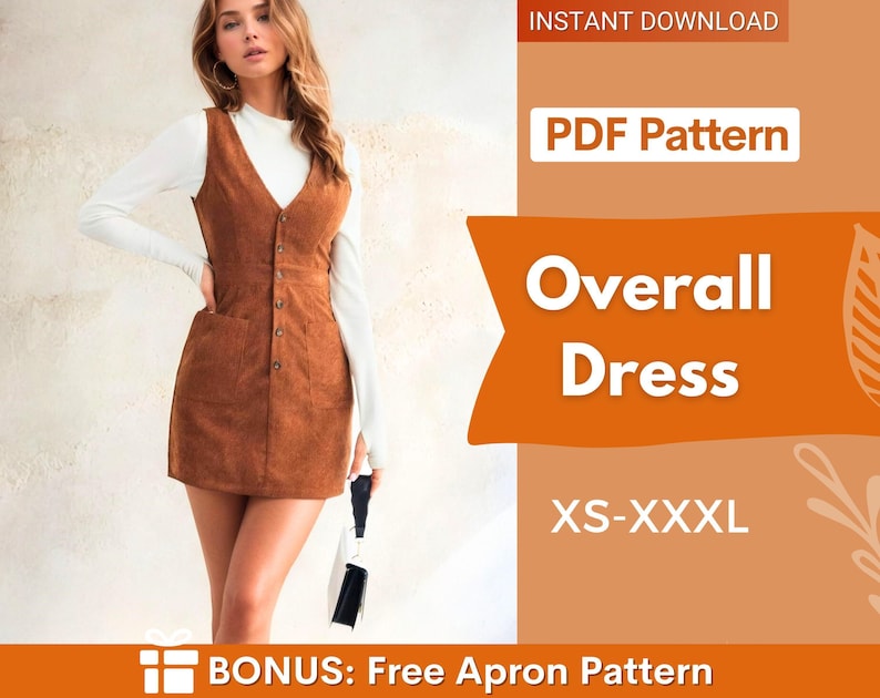 Overall Dress Pattern, XS-XXXL, Women Dress Sewing Pattern, Mini Dress Pattern, Sewing Patterns Women, Button Dress Sewing, Fitted Dress image 1