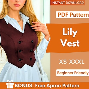 Könnte beinhalten: Eine dunkelrote, zweireihige Weste mit sechs schwarzen Knöpfen über einem weißen Hemd mit Kragen. Das Bild enthält den Text: INSTANT DOWNLOAD, PDF Pattern, Lily Vest, XS-XXXL, Beginner Friendly und BONUS: Free Apron Pattern.