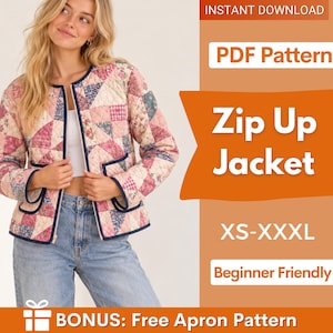 Puede incluir: Una chaqueta acolchada con cremallera que presenta un diseño de patchwork con patrones florales y de cuadros en rosa, azul y blanco, con ribetes azul oscuro y dos bolsillos delanteros. El texto en la imagen incluye: INSTANT DOWNLOAD, PDF Pattern, Zip Up Jacket, XS-XXXL, Beginner Friendly, BONUS: Free Apron Pattern.